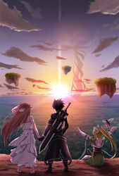  1boy 3girls \o/ arms_up asuna_(sao) black_hair black_iron_great_sword blonde_hair braid brown_hair cloud cloudy_sky commentary_request ear_covers elf fairy fairy_wings family floating floating_island floating_object flying forest giant_tree holding_hands kirito kirito_(sao-alo) leafa lolicon long_hair mini_person minigirl multiple_girls nature orange_(meitoku) outdoors outstretched_arms pointy_ears ponytail sitting sky standing sword sword_art_online sword_on_back titania_(sao) transparent_wings tree twin_braids very_long_hair weapon weapon_on_back white_wings wings yggdrasil_(sao) yui_(sao) yui_(sao-alo) 