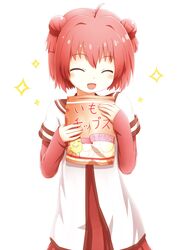  :d ^_^ akaza_akari arisu_kazumi calbee_(potato_chips) chips_(food) closed_eyes commentary_request double_bun female food hair_bun highres nanamori_school_uniform open_mouth potato_boy_(calbee) potato_chips red_hair school_uniform serafuku smile solo sparkle yuru_yuri 