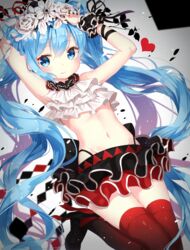  aqua_eyes aqua_hair armpits bare_shoulders bless_you_(module) commentary female flower frills hair_flower hair_ornament hatsune_miku highres jimmy_madomagi light_smile long_hair midriff miniskirt navel nisoku_hokou_(vocaloid) project_diva_(series) project_diva_f_2nd red_thighhighs skirt sleeveless solo thighhighs twintails very_long_hair vocaloid wrist_cuffs 