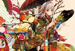  branch brown_eyes commentary_request female flower hair_flower hair_ornament japanese_clothes kimono long_hair original smile snake solo tomoyami umbrella white_hair 