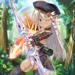  ;) arrow_(projectile) beret blue_eyes blush bow_(weapon) braid commentary_request elbow_gloves female fingerless_gloves fire flower forest glint gloves hat kazumasa kidatsu!_dungeons_lord leotard long_hair nature official_art one_eye_closed original outdoors petite photoshop_(medium) platinum_blonde_hair pointy_ears quiver rainbow single_braid smile solo tan water water_drop weapon wet 