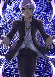  1boy bad_id bad_tumblr_id byakuya_(under_night_in-birth) gakuran khaliqa_bell looking_at_viewer male_focus outstretched_arms photoshop_(medium) rape_face school_uniform silk solo spider_web under_night_in-birth 