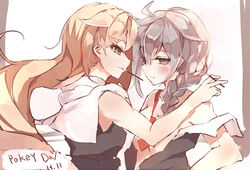  2girls ahoge blush braid commentary_request hair_flaps hair_ornament hair_over_shoulder kantai_collection long_hair looking_away multiple_girls neckerchief open_clothes pocky_day scarf school_uniform serafuku shigure_(kancolle) shigure_kai_ni_(kancolle) single_braid white_scarf yu_kitsune yuri yuudachi_(kancolle) yuudachi_kai_ni_(kancolle) 