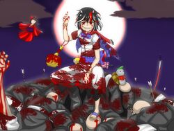  arrow_(projectile) arrow_in_body bad_id bad_pixiv_id bald black_hair blood blood_on_clothes blood_on_face blood_on_weapon blurry bomb corpse depth_of_field doll dress epic_armageddon explosive female grey_horns highres horns injury jizou kijin_seija miracle_mallet multicolored_hair nimble_fabric red_eyes red_hair short_hair small_horns solo_focus touhou weapon white_hair 