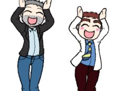  2boys animated animated blush brown_hair caramelldansen closed_eyes gregory_house grey_hair house_m.d. james_wilson lowres male_focus multiple_boys necktie open_mouth pants simple_background white_background 