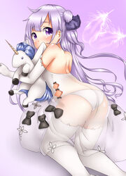  absurdres ass azur_lane backless_dress backless_outfit bare_shoulders black_bow blush bow breasts commentary_request covered_mouth derivative_work dress elbow_gloves feathers female gloves hair_bun hairbow highres holding holding_stuffed_toy kneeling long_hair looking_at_viewer looking_back one_side_up oooqqq panties purple_background purple_bow purple_eyes see-through shoulder_blades single_hair_bun single_side_bun small_breasts solo strapless strapless_dress stuffed_animal stuffed_toy stuffed_winged_unicorn thighhighs underwear unicorn_(azur_lane) white_dress white_gloves white_panties white_thighhighs wings 