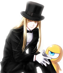  1boy blonde_hair bow bowtie commentary_request creator_(saga) crossover gloves hat long_hair male_focus maronee_san photoshop_(medium) saga saga_1 saga_2 teacher_(saga_2) top_hat yellow_eyes 