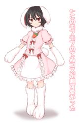  animal_ears animal_hands black_hair bow carrot commentary_request dress female floppy_ears frills full_body inaba_tewi kuroba_rapid looking_at_viewer rabbit_ears rabbit_girl rabbit_paws rabbit_tail red_eyes smile solo tail touhou translated 