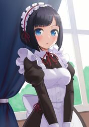  :o black_hair bloom blue_eyes blunt_bangs blush breasts commentary_request cristalavi curtains dress female highres indoors kujou_miyuki long_sleeves looking_at_viewer maid maid_headdress medium_breasts mole mole_under_eye ore_ga_ojou-sama_gakkou_ni_&quot;shomin_sample&quot;_toshite_rachirareta_ken parted_lips puffy_long_sleeves puffy_sleeves red_ribbon ribbon short_hair sleeveless sleeveless_dress solo upper_body v_arms window 