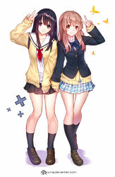  2girls arm_at_side arm_up black_hair black_legwear black_skirt blue_eyes blue_skirt blunt_bangs blush brown_cardigan brown_eyes brown_hair brown_legwear bug butterfly cardigan closed_mouth commentary full_body highres jacket jurrig kneehighs koe_no_katachi loafers long_hair long_sleeves looking_at_viewer looking_away miniskirt multiple_girls neckerchief nishimiya_shouko open_cardigan open_clothes open_jacket parted_lips plaid plaid_skirt pleated_skirt red_neckerchief school_uniform serafuku shoes short_hair sidelocks simple_background skirt sleeves_past_wrists smile socks standing symbol-only_commentary tareme thigh_gap ueno_naoka v white_background yellow_jacket 