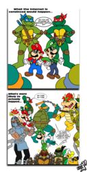  6+boys alternate_color attack battle beaten bowser brothers crossover donatello fighting fire fire_luigi fire_mario fireball hammer hammer_bro hard_translated helmet koopa leonardo luigi male male_focus mario mario_(series) michelangelo multiple_boys nintendo pain punching raphael shell shredder siblings spikes spiny staff super_mario_bros. super_mario_bros. teamwork teenage_mutant_ninja_turtles teenage_mutant_turtles tmnt translated weapon 