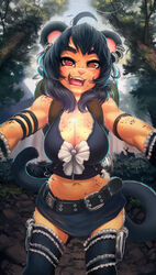  absurd_res anokorok big_breasts black_hair bottomwear breasts cleavage clothed clothing detailed_background felid female fur hair hi_res lace looking_at_viewer mammal open_mouth orange_body orange_fur outside piercing red_eyes ribbons skirt solo spots 