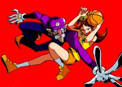  1boy :d basketball basketball_uniform brooch brown_hair crown earrings facial_hair female gem gloves hat mario_(series) medium_hair moustache nintendo open_mouth orange_shoes orange_shorts overalls pointy_ears pointy_nose pointy_shoes princess princess_daisy purple_hat purple_shirt red_background shorts smile socks sport sports super_mario_land sweat teeth tennis_shoes waluigi yellow_shirt 