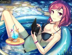  bad_id bad_pixiv_id bikini black_bikini blush bracelet breasts cleavage female flower glass handheld_game_console jewelry kalian looking_at_viewer love_live! love_live!_school_idol_project medium_breasts navel nintendo_3ds nishikino_maki o-ring o-ring_bikini purple_eyes red_hair short_hair smile solo swimsuit wading_pool 