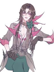  absurdres breasts breasts_apart clementine_(path_to_nowhere) collarbone_piercing commentary flat_color gloves highres lbm_bin looking_at_viewer monocle multiple_moles path_to_nowhere sitting smile taxidermy untranslatable_commentary white_background 