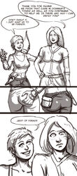  2girls ass ass_grab bare_midriff bow breasts close-up clothed clothed_female comic conversation creepy_smile dagger dialogue english english_text female female_focus female_only fully_clothed fully_dressed gloves hand_on_back joe_duncan long_hair looking_at_another looking_away medium_breasts monochrome multiple_girls pants path_of_exile raised_eyebrow ranger_(path_of_exile) scion_(path_of_exile) shirt short_hair simple_background smiling tagme tank_top text tight_pants toned_female uncomfortable white_background yuri 