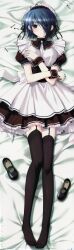  absurdres black_thighhighs blue_eyes blue_hair dakimakura_(medium) female full_body garter_straps hair_over_one_eye higa_yukari highres kirishima_sakura lying maid maid_headdress no_shoes sakura_sakura shoes solo thighhighs unworn_shoes wrist_cuffs 