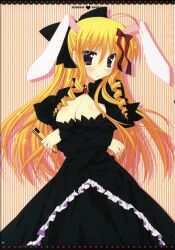  ahoge animal_ears araiguma artist_name black_dress blonde_hair blush bow breasts cleavage crossed_arms dated dress drill_hair fake_animal_ears female hair_between_eyes hairbow hand_fan hayate_no_gotoku! heart highres holding holding_fan large_breasts long_hair rabbit_ears red_eyes solo standing striped striped_background striped_bow tennousu_athena vertical_stripes 