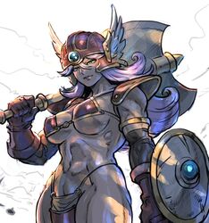  alternate_muscle_size armor axe battle_axe bikini_armor blue_eyes breasts commentary_request dragon_quest dragon_quest_iii female gloves helmet holding holding_axe holding_weapon kisuu large_breasts looking_at_viewer md5_mismatch midriff muscular muscular_female navel over_shoulder purple_hair red_armor shield soldier_(dq3) solo standing warrior weapon weapon_over_shoulder winged_helmet 