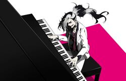  1boy black_hair instrument jacket long_hair male_focus multicolored_hair music necktie okono13 open_mouth piano piano_bench piers_(pokemon) playing_instrument pokemon pokemon_swsh ponytail simple_background sitting solo two-tone_hair white_hair white_jacket 