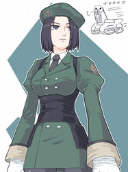  akatsuki_blitzkampf beret black_eyes black_hair black_pantyhose blitztank breasts eno_(abekawa_hikozaemon_x) female gloves hat kanae_(akatsuki_blitzkampf) medium_breasts military military_uniform miniskirt necktie pantyhose pencil_skirt short_hair skirt solo uniform white_gloves 