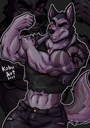  2021 5_fingers abs absurd_res anthro arm_tattoo biceps black_nose blind_eye bottomwear canid canid_demon canine canis chest_tuft claws clothed clothing demon digital_media_(artwork) eye_scar facial_scar fangs finger_claws fingers flexing fur grey_body grey_fur grin half-length_portrait hand_on_own_arm hellhound helluva_boss hi_res holding_arm humanoid_hands inner_ear_fluff jacket kobu_art leather leather_clothing leather_jacket leather_topwear looking_at_viewer male mammal midriff muscular muscular_anthro muscular_male mythological_canine mythological_creature mythology navel pants pinup portrait pose red_sclera scar sharp_teeth shirt signature sleeveless smile solo tattoo teeth three-quarter_portrait toothy_grin topwear torn_bottomwear torn_clothing torn_jacket torn_pants torn_shirt torn_sleeves torn_topwear tuft vortex_(helluva_boss) white_eyes wolf 