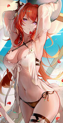  absurdres arknights armpits arms_up beach bikini black_bikini breasts cherry cleavage closed_mouth commentary criss-cross_halter day demon_horns detached_sleeves expressionless female food fruit hair_intakes hair_ornament halterneck highres hiyaori_(hiyahiyaval) horns long_hair looking_at_viewer medium_breasts navel official_alternate_costume outdoors purple_eyes red_hair side-tie_bikini_bottom slit_pupils stomach surtr_(arknights) surtr_(colorful_wonderland)_(arknights) swimsuit thigh_strap thighs white_bikini 