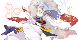  1boy armor character_name commentary_request crescent expressionless facial_mark forehead_mark fur grey_hair highres inuyasha japanese_clothes long_hair looking_at_viewer male_focus petals pointy_ears sesshoumaru simple_background solo sword unsheathed weapon yellow_eyes zaver 