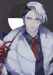  1boy black_hair divus_crewel fur_scarf gloves grey_background grey_eyes highres looking_at_viewer male_focus multicolored_hair necktie okono13 red_gloves red_necktie solo twisted_wonderland two-tone_hair upper_body vest white_hair 