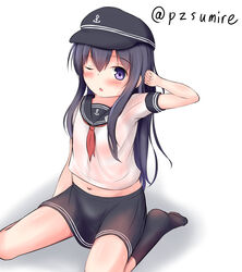  akatsuki_(kancolle) arm_up blue_eyes blue_hair commentary_request female hat highres kantai_collection long_hair looking_at_viewer neckerchief one_eye_closed open_mouth pzsumire school_uniform see-through serafuku sitting skirt solo sweat wariza 