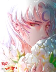  1boy commentary_request crescent dated facial_mark fingernails flower forehead_mark fur inuyasha long_hair looking_at_viewer male_focus pointy_ears portrait ryo_(ryoxkj) sesshoumaru solo white_hair yellow_eyes 