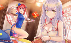  2girls ass blunt_bangs blush bracelet breasts brown_eyes china_dress chinese_clothes cleavage cleavage_cutout closed_mouth clothing_cutout cross_hair_ornament dress gabriel_dropout hair_ornament highres holding holding_tray indoors jewelry large_breasts long_hair looking_at_viewer multiple_girls oerba_yun_fang open_mouth raphiel_shiraha_ainsworth red_eyes red_hair satanichia_kurumizawa_mcdowell smile tenma-gav tray white_hair 