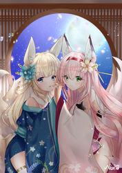  2girls absurdres animal_ears azur_lane bare_legs bell blue_kimono cherry_blossoms commentary_request flower fox_ears fox_girl fox_tail hair_flower hair_ornament hanazuki_(azur_lane) highres japanese_clothes jingle_bell kimono kitsune long_hair multiple_girls nako_nya night niizuki_(azur_lane) open_mouth open_window petals pink_hair standing tail thick_eyebrows thighhighs white_kimono white_thighhighs wide_sleeves window yuri 