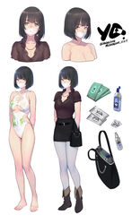  absurdres artist_name bag barefoot belt black_hair black_skirt blouse blue_eyes bob_cut boots breasts chinese_commentary cleavage cleavage_cutout clothing_cutout commentary_request condom dated feet female full_body gorgeous_mushroom handbag highres looking_at_viewer mask miniskirt mouth_mask multiple_views one-piece_swimsuit original pantyhose reference_sheet see-through shirt short_hair simple_background skirt surgical_mask swimsuit white_background white_pantyhose yeqing_(gorgeous_mushroom) 