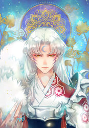  1boy armor commentary_request crescent expressionless facial_mark fingernails forehead_mark fur inuyasha japanese_clothes long_hair looking_at_viewer male_focus pointy_ears ryo_(ryoxkj) sesshoumaru solo upper_body white_hair yellow_eyes 