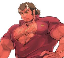  1boy abs alternate_costume arm_hair bara broken_horn chest_hair colored_sclera colored_skin facial_hair hairy harada_(basashi) horns jacket large_pectorals long_sideburns looking_at_viewer male_focus mature_male monster_boy muscular muscular_male oerba_yun_fang oni_horns open_clothes open_jacket orgus_(f-kare) pectoral_cleavage pectorals pointy_ears red_jacket red_skin scar scar_on_chest short_hair shoukan_yuusha_to_f-kei_kareshi sideburns slit_pupils solo stubble thick_eyebrows tied_hair track_jacket tusks upper_body yellow_sclera 