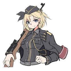  armedshipyard battle_rifle belt black_hat black_jacket blonde_hair blue_eyes braid breasts closed_mouth cross cross_earrings earrings female french_braid g43_(girls&#039;_frontline) girls&#039;_frontline gun hat holding holding_weapon jacket jacket_on_shoulders jewelry looking_at_viewer medium_breasts medium_hair military military_hat military_uniform rifle smile solo uniform weapon white_background 