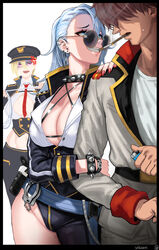  1boy 2girls absurdres anger_vein arm_grab asymmetrical_pants blonde_hair blue_eyes blue_hair bracelet breasts cigarette cleavage collar commander_(last_origin) cuffs earrings faceless faceless_male grin hair_between_eyes hair_over_eyes handcuffs highres jacket jealous jewelry korean_commentary large_breasts last_origin lighter long_hair looking_at_viewer multiple_girls necktie red_eyes sadius_of_retribution shaded_face short_hair simple_background smile smoking sonia_of_devastation spiked_bracelet spiked_collar spikes straight sukai sunglasses sweatdrop white_background 