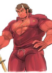  1boy abs alternate_costume arm_hair bara broken_horn bulge chest_hair colored_sclera colored_skin cowboy_shot facial_hair hairy harada_(basashi) horns jacket large_pectorals long_sideburns looking_at_viewer male_focus mature_male monster_boy muscular muscular_male oerba_yun_fang oni_horns open_clothes open_jacket orgus_(f-kare) pectoral_cleavage pectorals pointy_ears red_jacket red_skin scar scar_on_chest short_hair shoukan_yuusha_to_f-kei_kareshi sideburns solo strongman_waist stubble thick_eyebrows thick_thighs thighs tied_hair track_jacket tusks yellow_sclera 