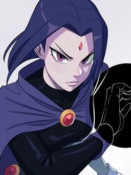  awawawaart bob_cut breasts cape closed_mouth colored_skin dc_comics english_commentary female forehead_jewel frown grey_background grey_skin highres leotard looking_at_viewer medium_breasts purple_eyes purple_hair raven_(dc) short_hair simple_background sleeved_leotard solo teen_titans tsurime upper_body 