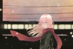  black_jacket blue_eyes female girls&#039;_frontline jacket long_hair looking_at_viewer pink_hair red_scarf scarf simple_background snowflake_background snowflakes solo st_ar-15_(girls&#039;_frontline) train tuguoji 