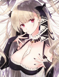  azur_lane between_breasts blush breasts c_c cleavage closed_mouth commentary_request dress female formidable_(azur_lane) frilled_dress frills grey_hair highres large_breasts long_hair looking_at_viewer partial_commentary red_eyes ribbon simple_background solo twintails two-tone_dress two-tone_ribbon very_long_hair white_background 