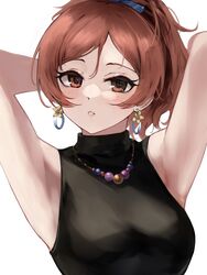  :o absurdres armpits arms_up bad_id bad_twitter_id black_shirt blush breasts earrings female highres idolmaster idolmaster_cinderella_girls jewelry komatsu_ibuki lamp_p9 looking_at_viewer medium_breasts necklace ponytail shirt simple_background sleeveless sleeveless_shirt solo upper_body white_background 