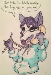  anthro bone breasts canid canine canis claws clothing dialogue electronics english_text female hoodie humor landline_phone malo mammal marsh_(marshthemalo) phone phone_call scp-1471 scp-1471-a scp_foundation skull skull_head solo speech_bubble text topwear traditional_media_(artwork) victordantes wolf 