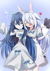  2girls ? absurdres animal_ears arms_up bandage_over_one_eye bandages black_hair blue_eyes closed_eyes dress elbow_gloves gloves grey_background grey_hair heart highres hug juiceneko little_witch_nobeta long_hair monica_(little_witch_nobeta) multiple_girls open_mouth pale_skin rabbit_ears ribbon simple_background sleeveless sleeveless_dress smile tania_(little_witch_nobeta) two_side_up v white_dress white_gloves 