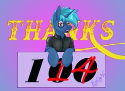  blue_hair bydena bydena_(character) equid equine eyewear fan_character feral glasses hair hasbro hi_res horn male mammal milestone milestone_celebration my_little_pony mythological_creature mythological_equine mythology number overwritten red_eyes solo thank_you thank_you_message unicorn 