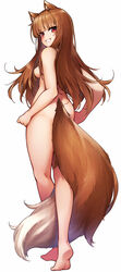  absurdres animal_ear_fluff animal_ears ass barefoot between_legs blunt_bangs breasts brown_hair completely_nude feet female from_behind full_body grin highres holo legs long_hair looking_at_viewer looking_back marutenmaruten medium_breasts nude parted_lips red_eyes simple_background smile soles solo spice_and_wolf standing tachi-e tail tail_between_legs tail_censor thighs tiptoes white_background wolf_ears wolf_girl wolf_tail 