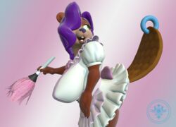  2019 3d_(artwork) beaver big_breasts bow_(feature) breasts buckteeth chromakoros cleaning_tool clothing digital_media_(artwork) feather_duster female furgonomics furry-specific_piercing gradient_background green_eyes hair hi_res maid_uniform mammal piercing purple_hair rodent simple_background solo tail tail_piercing teeth uniform vicky_ascot 