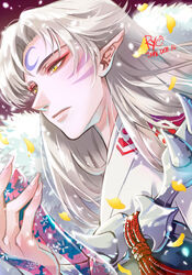  1boy artist_name commentary_request crescent dated expressionless facial_mark fingernails forehead_mark grey_hair inuyasha japanese_clothes long_hair looking_at_viewer male_focus petals pointy_ears portrait ryo_(ryoxkj) sesshoumaru solo yellow_eyes 