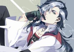  1boy black_gloves black_hair black_pants choker cigarette eyeshadow gloves green_eyes grey_background jacket long_hair long_sleeves looking_at_viewer makeup male_focus multicolored_hair okono13 pants piers_(pokemon) pokemon pokemon_swsh sitting smoking solo two-tone_hair white_jacket 